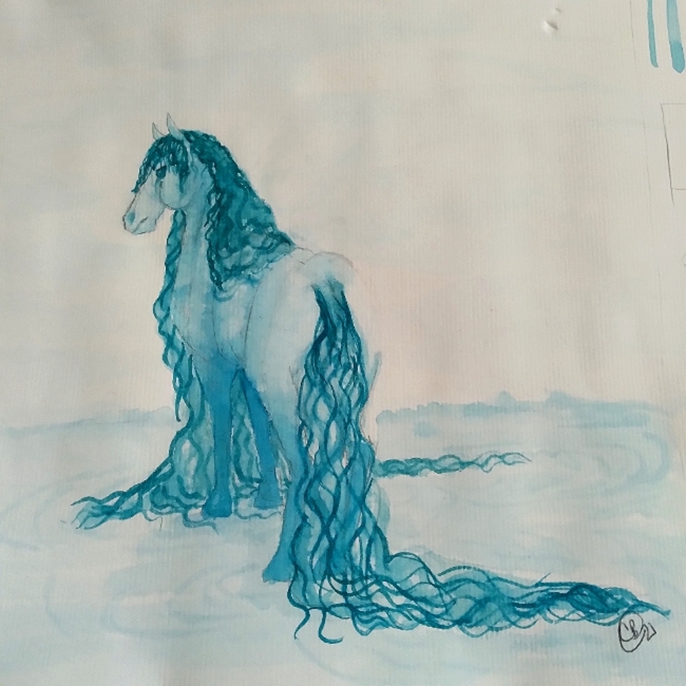 Teal Blue Green Horse Pony Equine Watercolor Painting Illustration